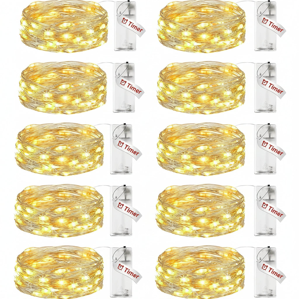 Litogo 10-Pack Fairy Lights Battery Operated with Timer 2.1m 20 LED Waterproof Silver Wire Warm White